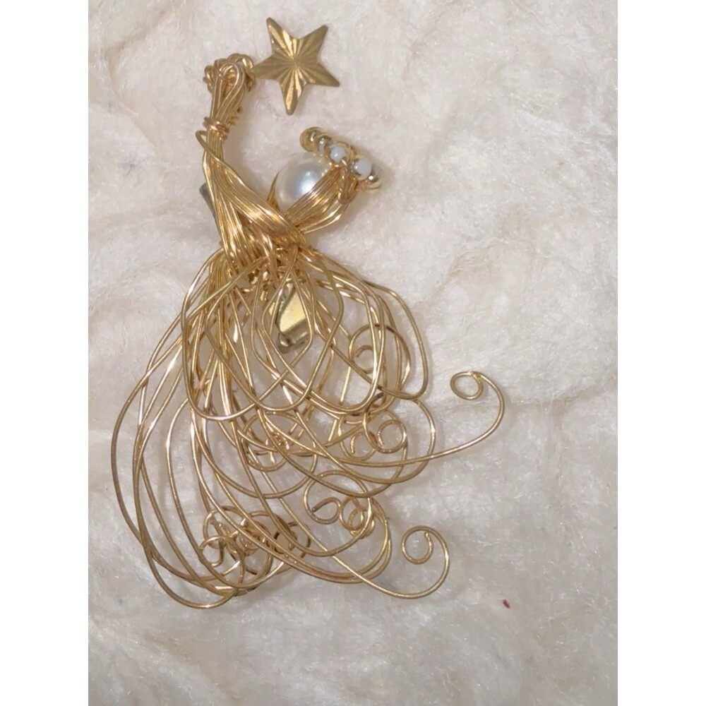 vintage gold-tone wire angel brooch pin with faux pearls